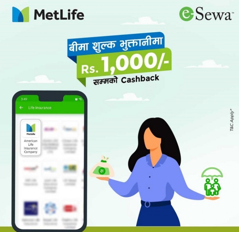 इसेवाबाट मेट लाइफको प्रिमियम भुक्तानी गर्दा १ हजारसम्म क्यासब्याक पाइने